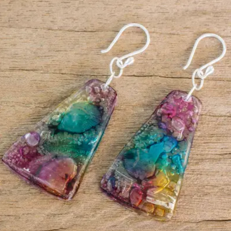 Yellow, Turquoise, and Purple Recycled CD Dangle Earrings, "Color Explosion"