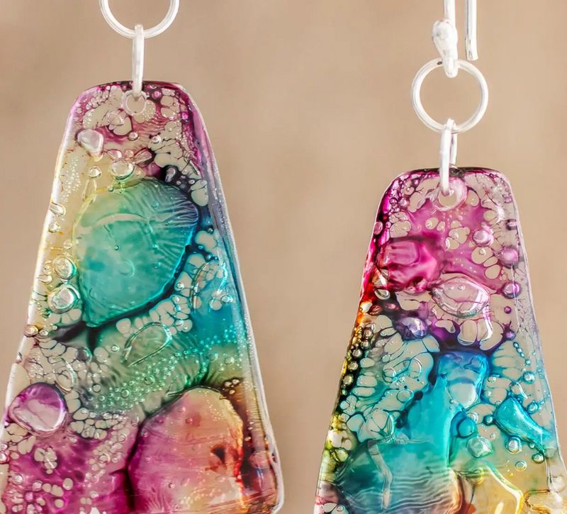 Yellow, Turquoise, and Purple Recycled CD Dangle Earrings, "Color Explosion"