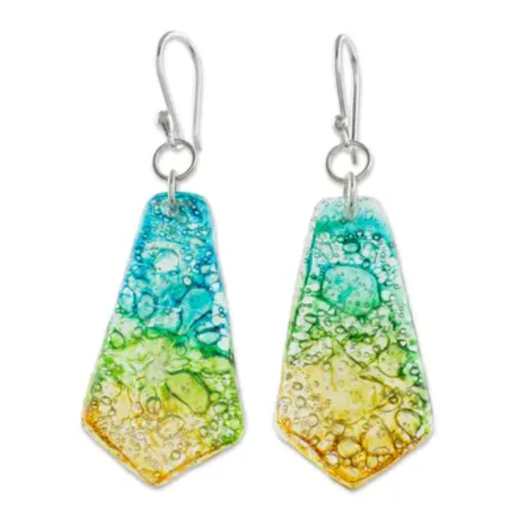 Handmade Recycled CD Dangle Earrings from Guatemala, "Vibrant Ocean"