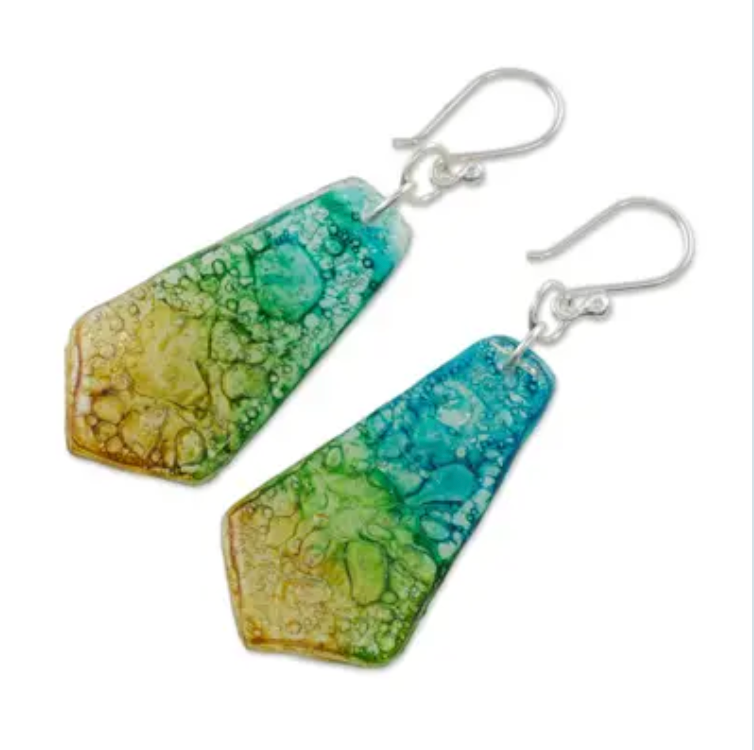Handmade Recycled CD Dangle Earrings from Guatemala, "Vibrant Ocean"