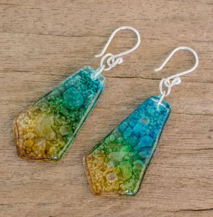 Handmade Recycled CD Dangle Earrings from Guatemala, "Vibrant Ocean"