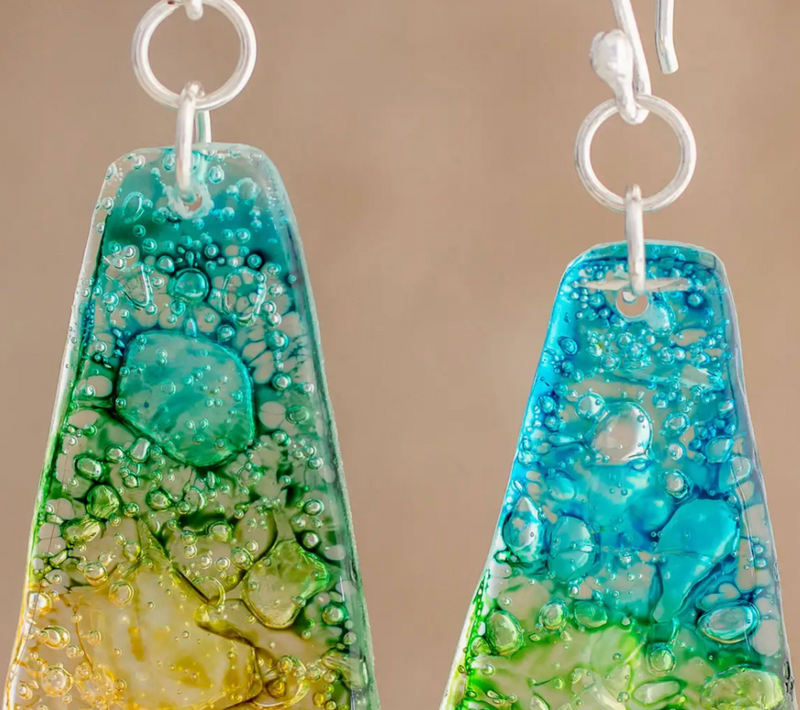 Handmade Recycled CD Dangle Earrings from Guatemala, "Vibrant Ocean"