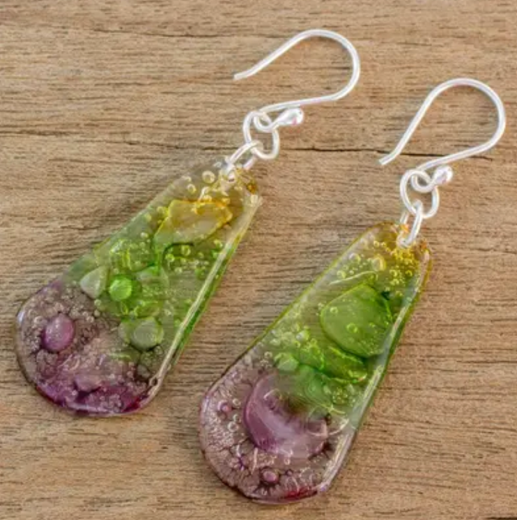 Recycled CD Dangle Earrings from Guatemala, "Spring Renewed"