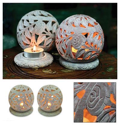Natural Soapstone Candle Holder Hand Made Jali Set of 2, "Tea Roses"