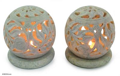 Natural Soapstone Candle Holder Hand Made Jali Set of 2, "Tea Roses"