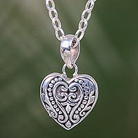 Indonesian Style Handcrafted Sterling Silver Heart Necklace, "Sweetheart Romance"