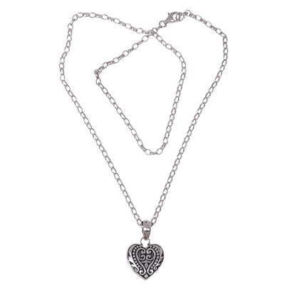 Indonesian Style Handcrafted Sterling Silver Heart Necklace, "Sweetheart Romance"