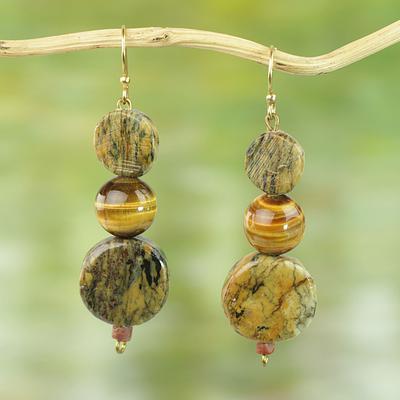 Tiger's Eye and Soapstone Dangle Earrings from Ghana, "Stormy Eyes