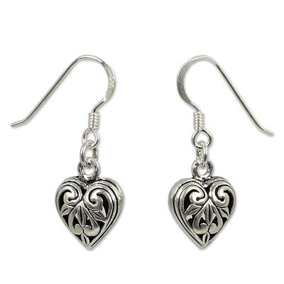 Romantic Sterling Silver Dangle Earrings, "Filigree Heart"